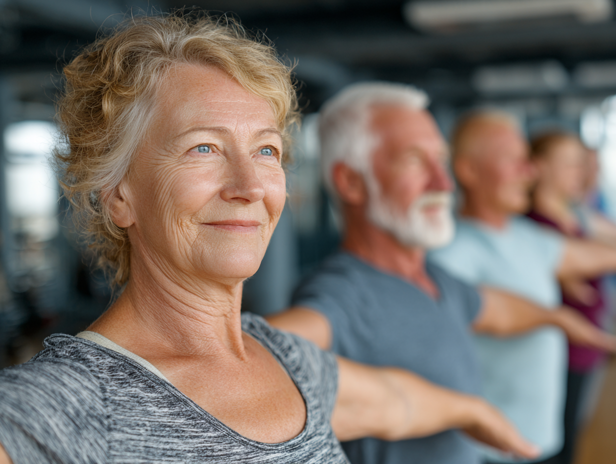 Grup de seniori activi într-o sesiune de fitness adaptată, cu instrucori specializați